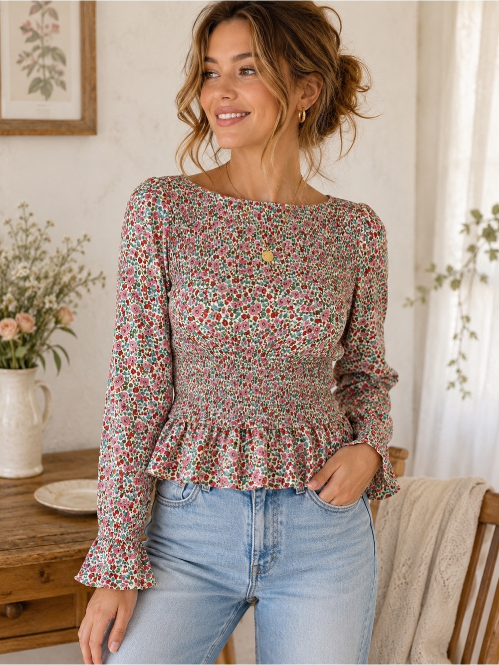 Monki Floral Smocked Peplum Blouse Medium Cottagecore Boho Prairie Top